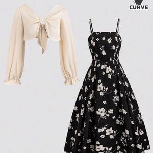 Floral Black and White Dress with Cream Top
